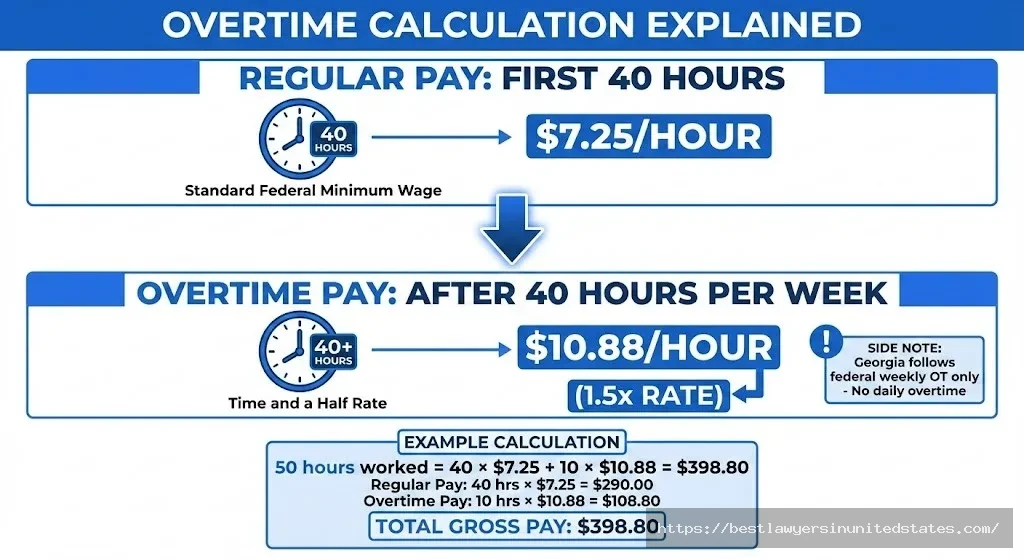 Georgia overtime pay rules 1.5x after 40 hours per week calculation example