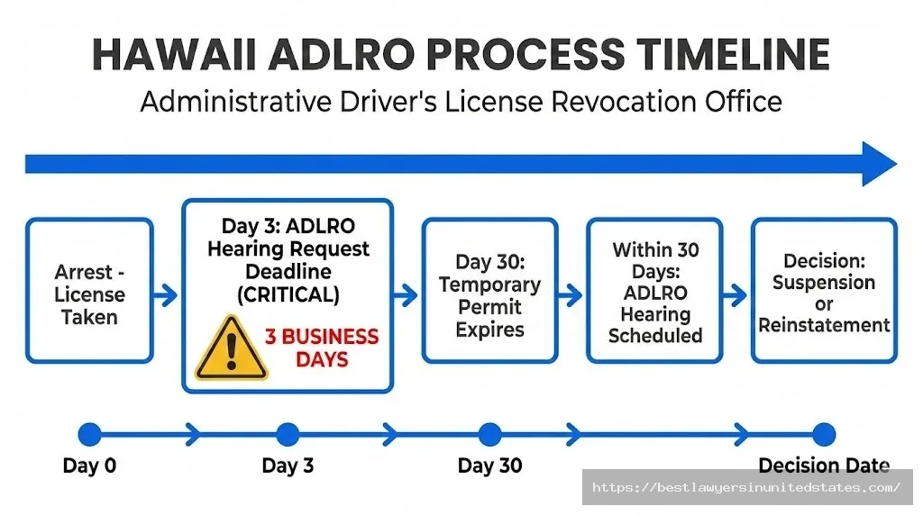 Hawaii ADLRO timeline showing 3-day hearing request deadline and 30-day temporary permit expiration