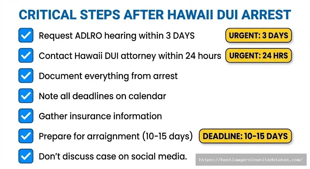 Hawaii DUI arrest checklist showing critical deadlines including 3-day ADLRO hearing request