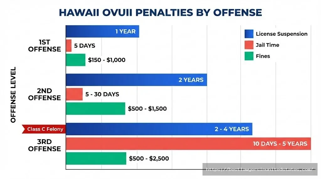 Hawaii DUI penalty comparison showing fines, jail time, and license suspension for 1st, 2nd, 3rd offenses