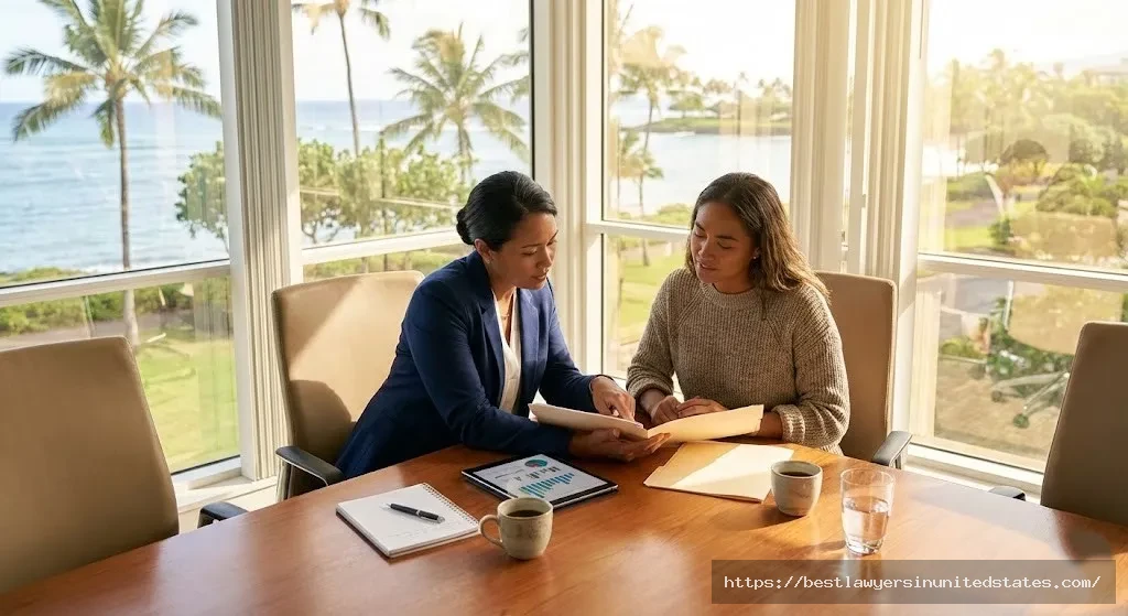 Hawaii divorce attorney consultation with client reviewing legal documents and financial information
