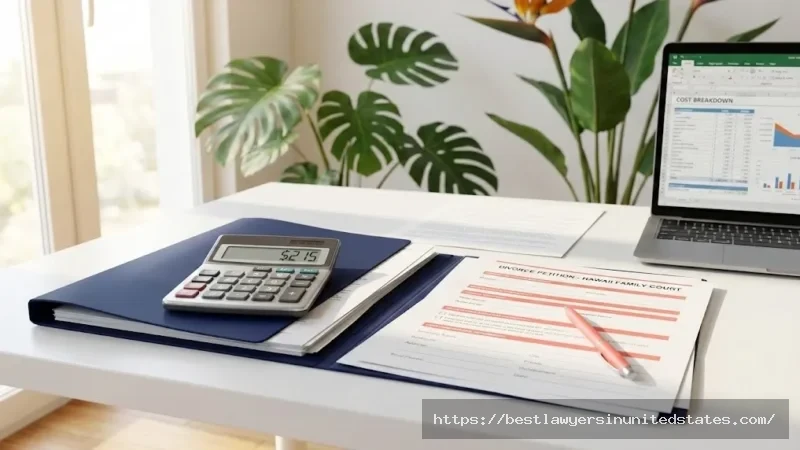Hawaii divorce cost breakdown on desk with calculator showing $215 filing fee and legal documents