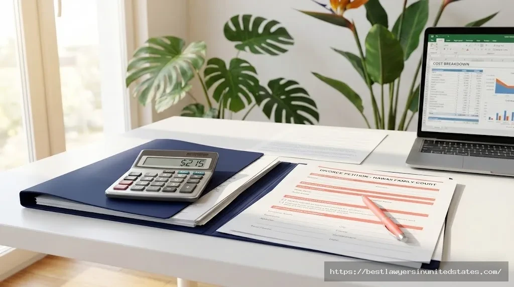 Hawaii divorce cost breakdown on desk with calculator showing $215 filing fee and legal documents