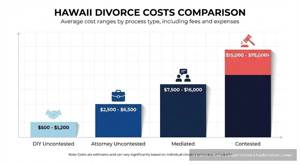 Hawaii divorce cost comparison infographic showing DIY, uncontested, mediated, and contested divorce price ranges