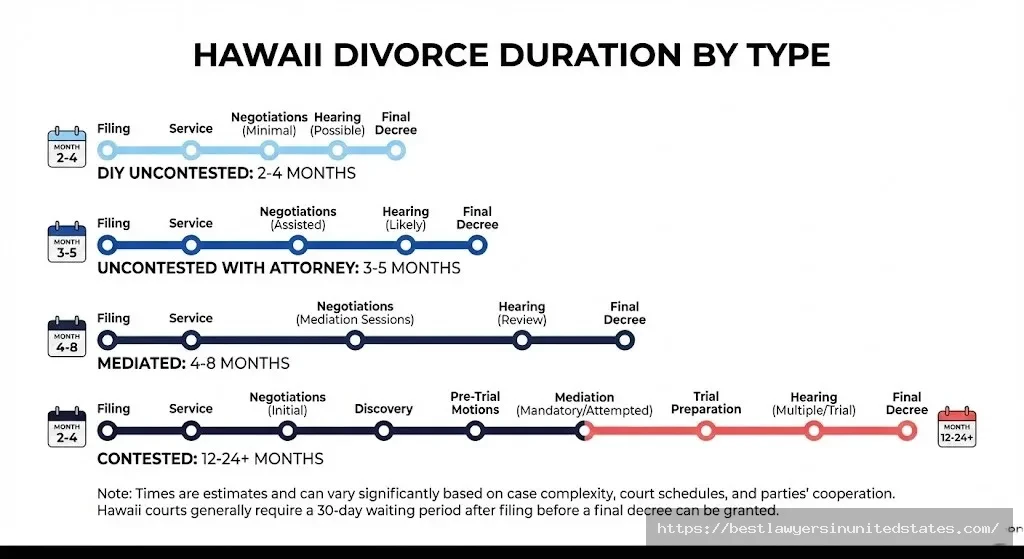 Hawaii divorce timeline infographic showing duration from 2-24 months depending on uncontested, mediated, or contested type