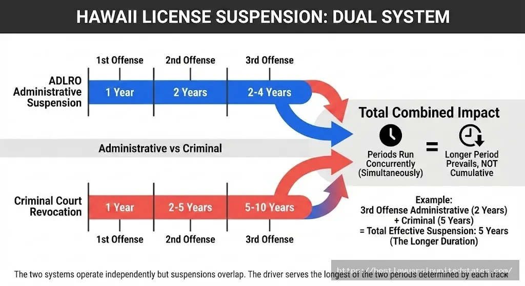 Hawaii dual license suspension timeline showing ADLRO administrative and criminal court revocation periods
