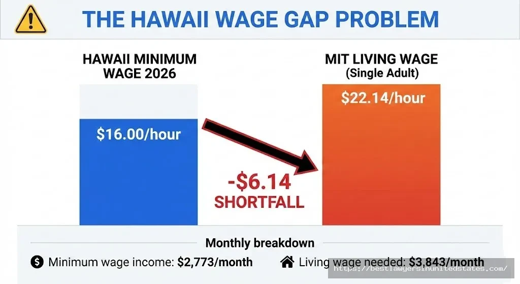 Hawaii minimum wage $16 versus living wage $22.14 cost of living gap analysis