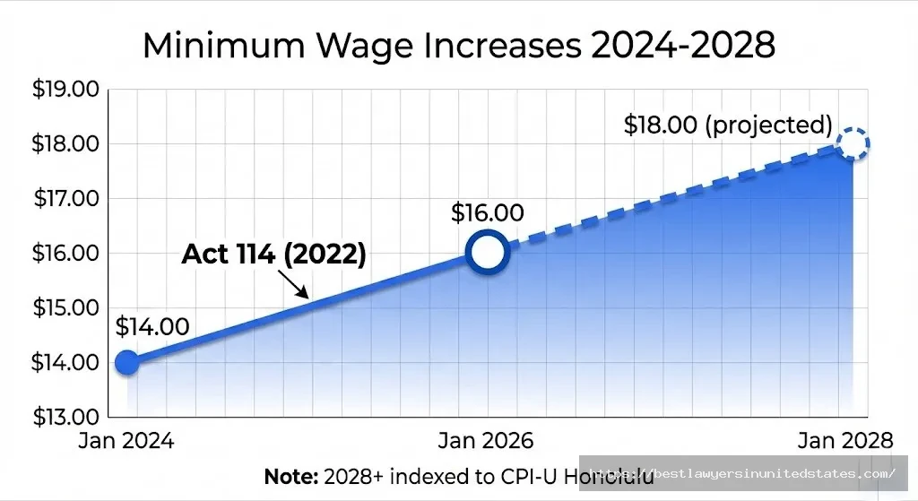 Hawaii minimum wage increase timeline 2024 to 2028 showing $14 to $18 progression