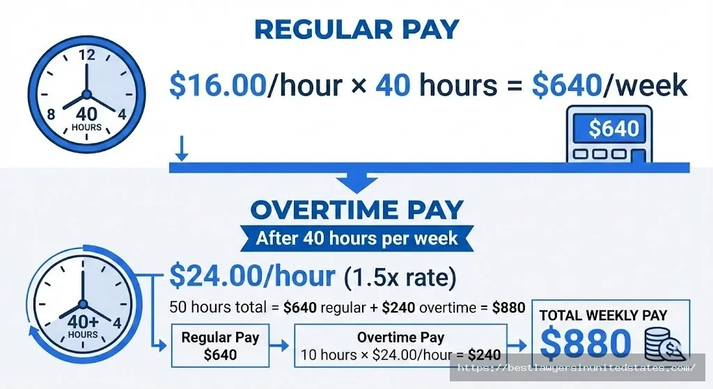 Hawaii overtime pay calculation 1.5x after 40 hours $16 to $24 per hour example