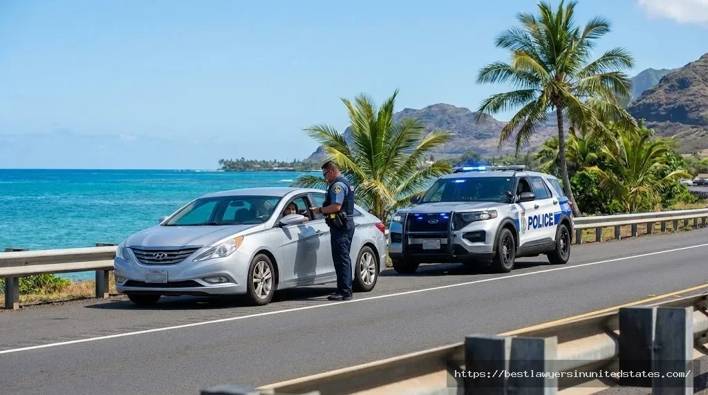 Hawaii police officer conducting DUI traffic stop on island highway with ocean background