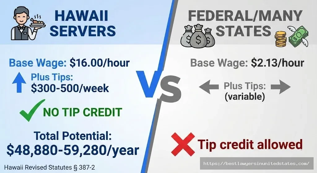 Hawaii tipped minimum wage $16 full rate versus federal $2.13 tip credit comparison