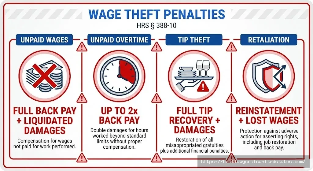 Hawaii wage theft penalties employer violations unpaid wages overtime tip theft recovery