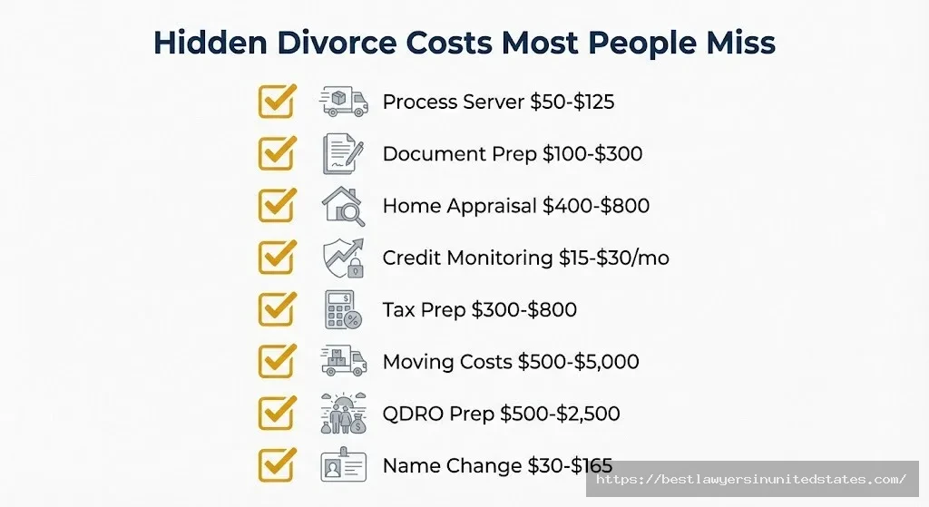 Hidden Idaho divorce costs checklist process server $50-$125, document prep $100-$300, home appraisal $400-$800, QDRO $500-$2,500