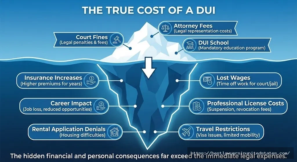 Iceberg diagram showing hidden DUI costs far exceed visible court fines and fees