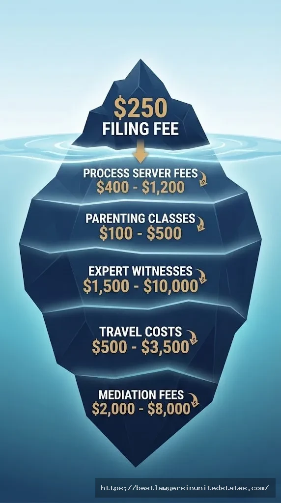 Iceberg infographic revealing hidden Alaska divorce costs beyond $250 filing fee including process server, expert witnesses, and travel expenses