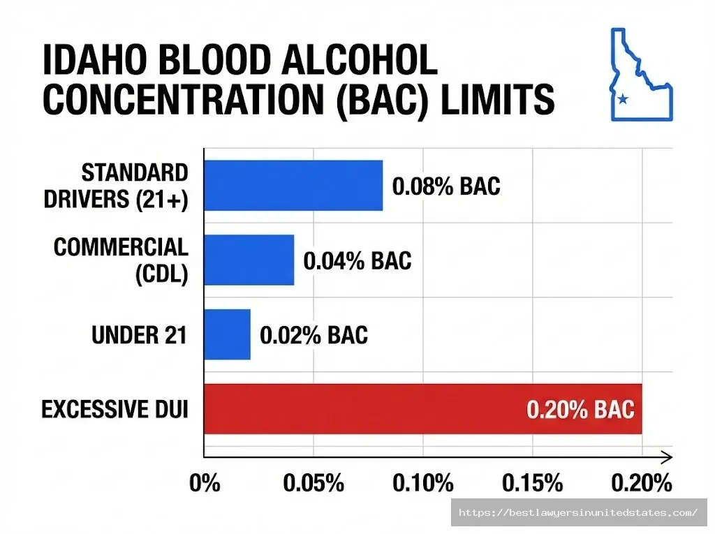Idaho BAC limits chart showing 0.08% standard, 0.04% CDL, 0.02% under 21, and 0.20% excessive DUI threshold