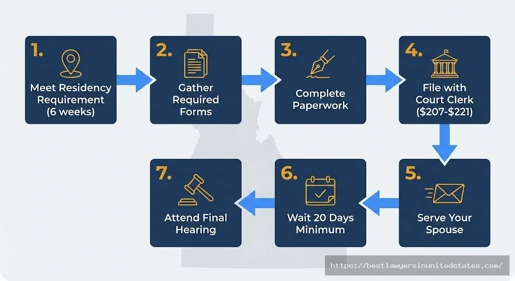 Idaho DIY divorce 7-step process meet residency, gather forms, file with court, serve spouse, wait 20 days, attend final hearing