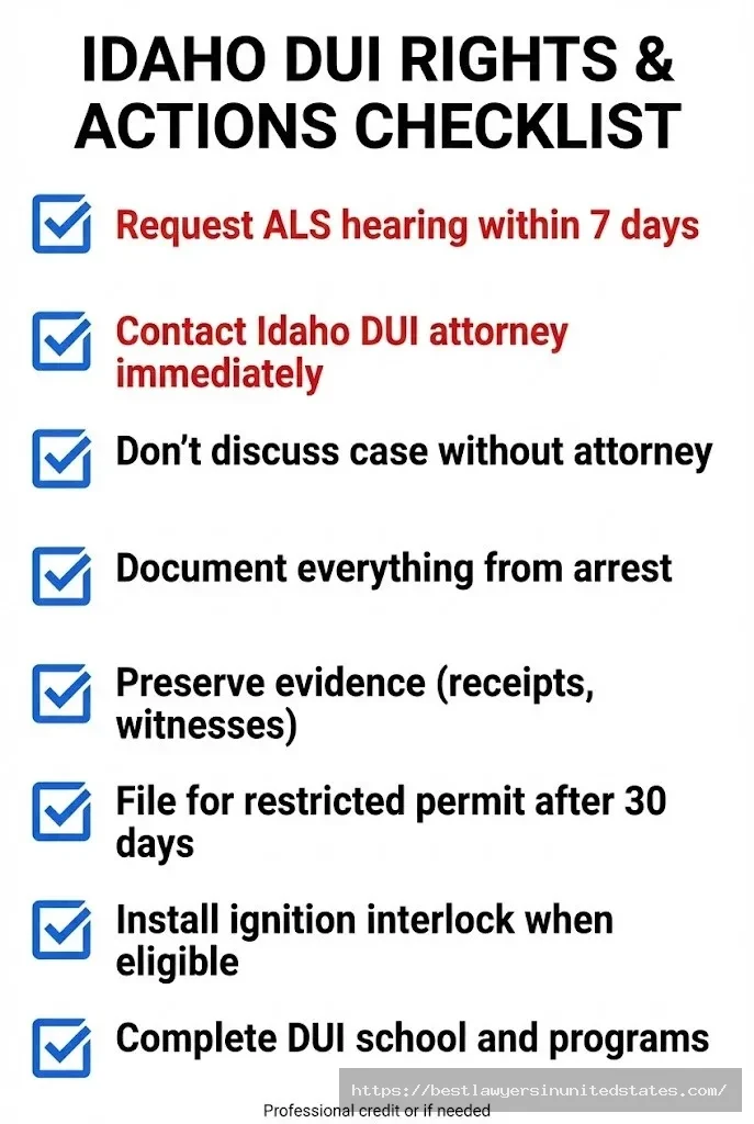 Idaho DUI arrest checklist showing critical 7-day ALS hearing deadline and important actions to take