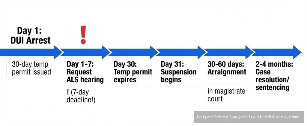 Idaho DUI arrest timeline showing critical 7-day ALS hearing deadline and 30-day temporary permit expiration