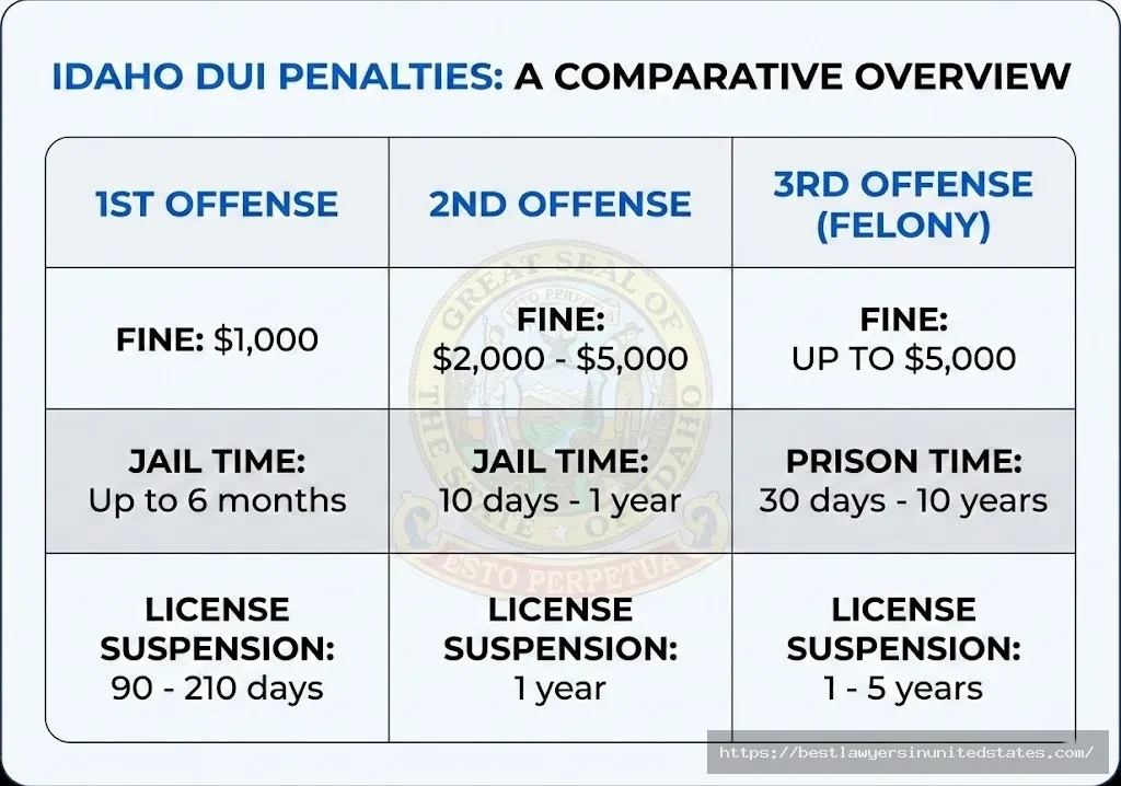 Idaho DUI penalties comparison showing escalating fines, jail time, and license suspensions for 1st, 2nd, and 3rd offenses