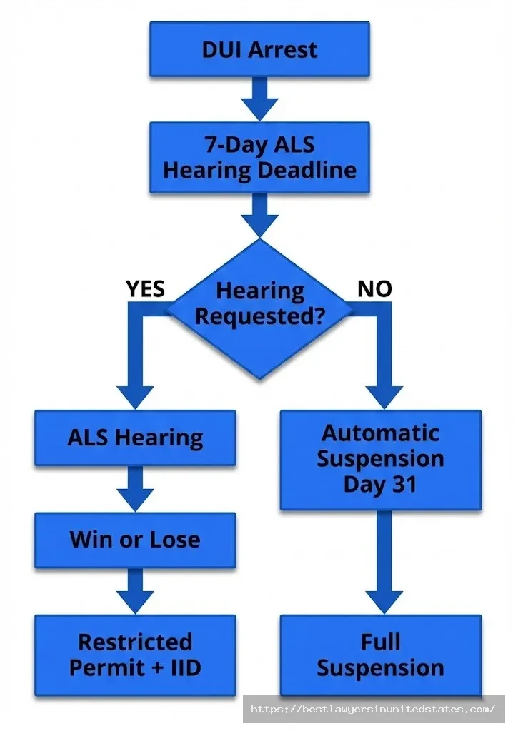 Idaho Transportation Department ALS hearing process flowchart showing 7-day deadline and suspension outcomes