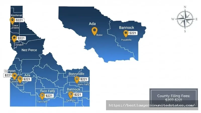 Idaho county map showing divorce filing fees Ada, Canyon, Kootenai, Bonneville counties charge $207-$221 to file for divorce.