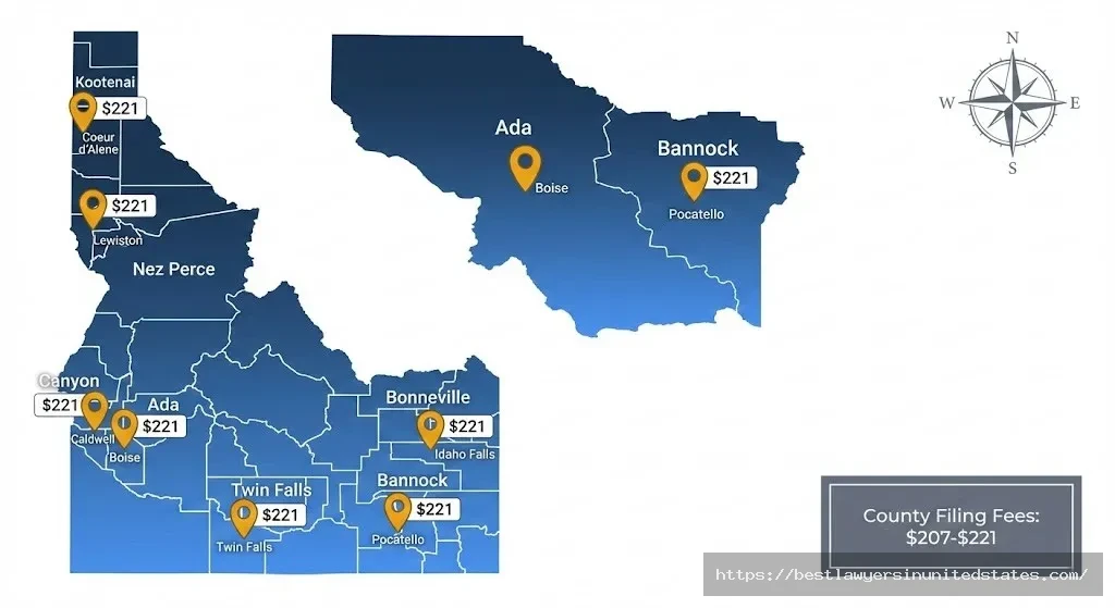 Idaho county map showing divorce filing fees Ada, Canyon, Kootenai, Bonneville counties charge $207-$221 to file for divorce.