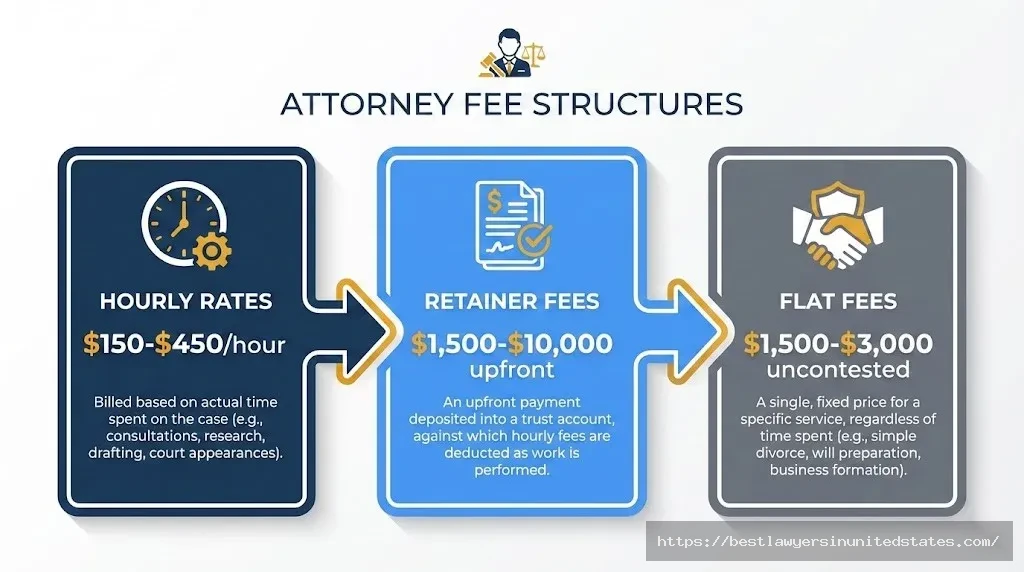 Idaho divorce attorney fee structures hourly rates $150-$450, retainers $1,500-$10,000, flat fees $1,500-$3,000 for uncontested cases