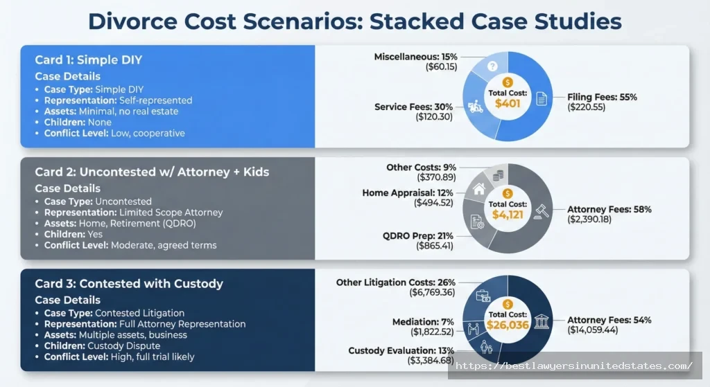 Idaho divorce case studies DIY $401 total, uncontested with children $4,121, contested with custody dispute $26,036
