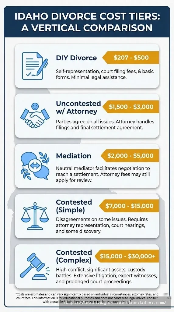 Idaho divorce cost comparison DIY $207-$500, uncontested with attorney $1,500-$3,000, mediation $2,000-$5,000, contested $15,000-$30,000+
