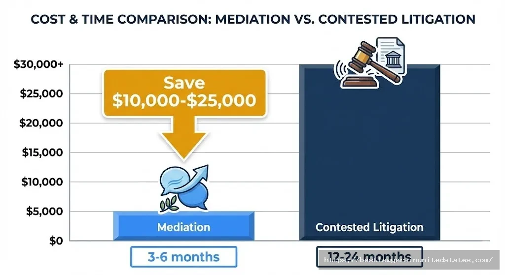 Idaho divorce mediation costs $2,000-$5,000 in 3-6 months versus litigation $15,000-$30,000+ in 12-24 months, saving $10,000-$25,000