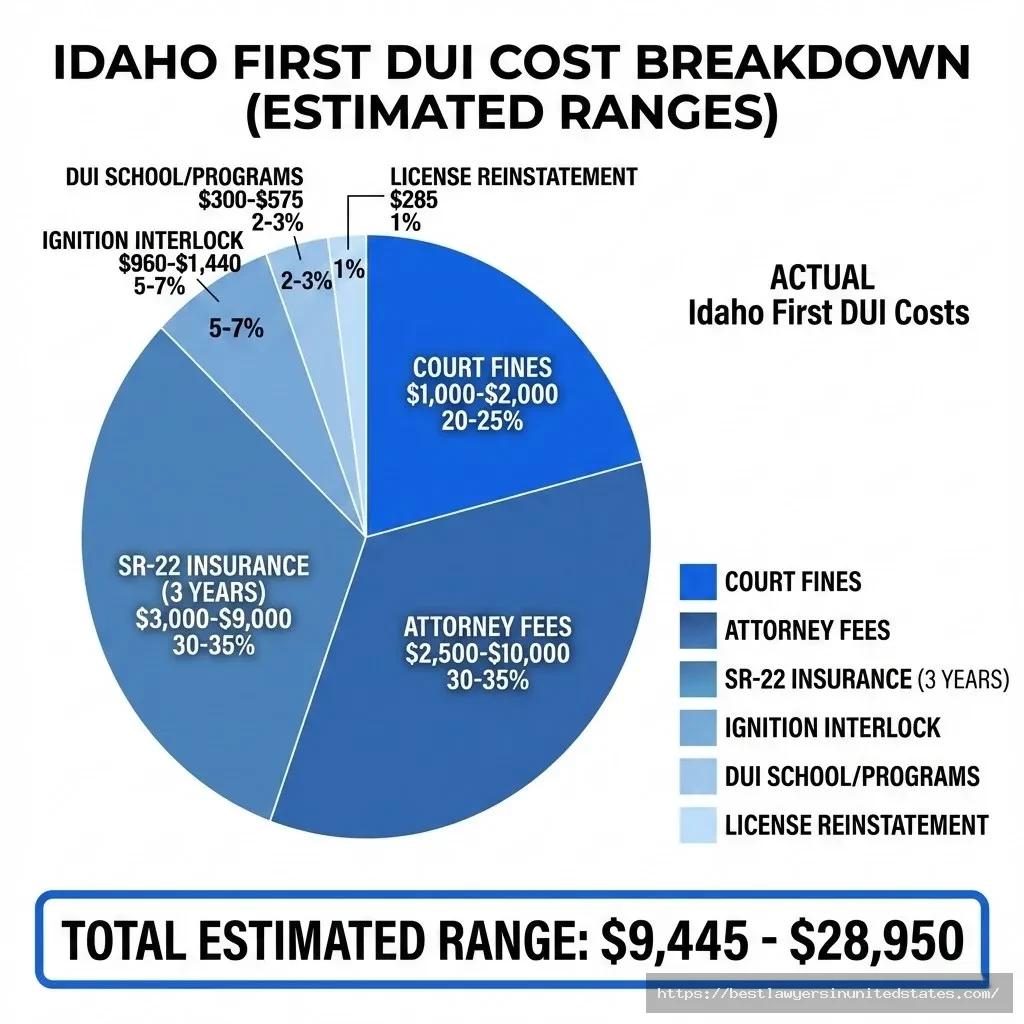 Idaho first DUI cost breakdown totaling $9,445-$28,950 including fines, attorney fees, SR-22 insurance, and programs