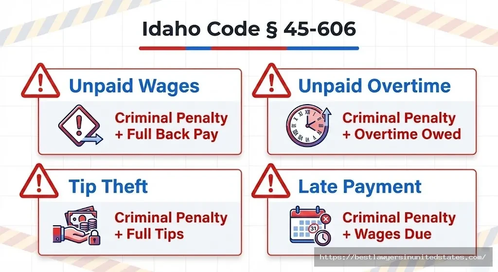 Idaho wage theft penalties employer criminal fines employee back pay recovery Idaho Code 45-606 (2)
