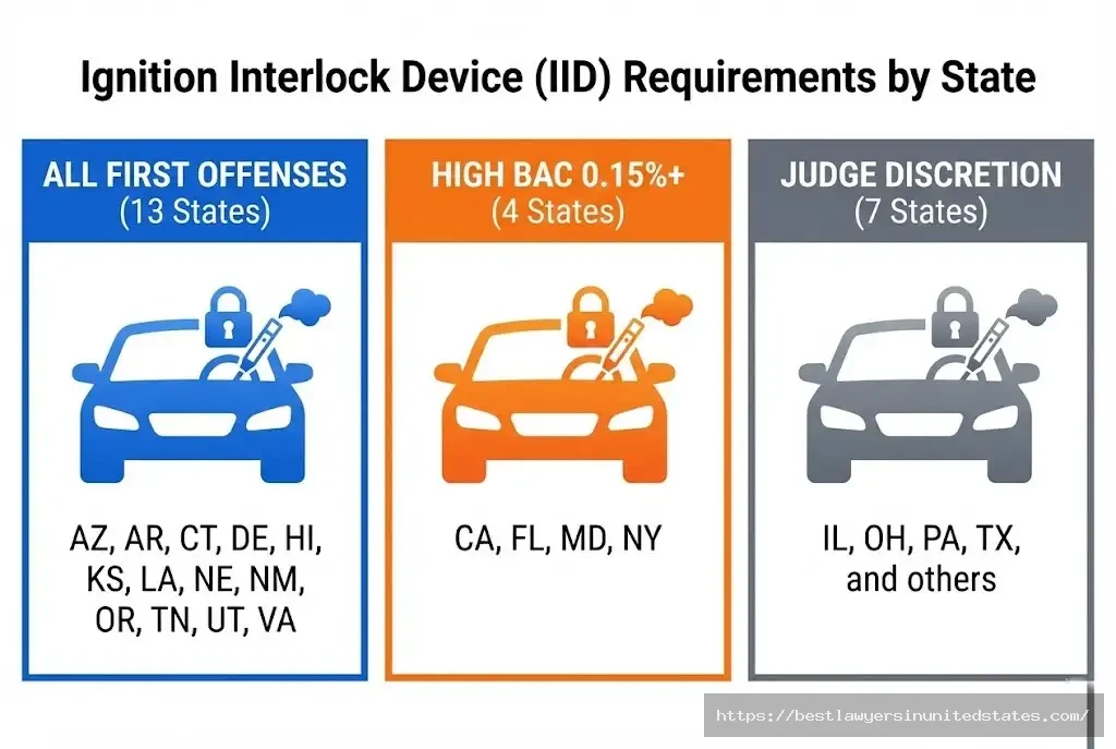 Ignition interlock device IID requirements by state first offense high BAC judge discretion 2026