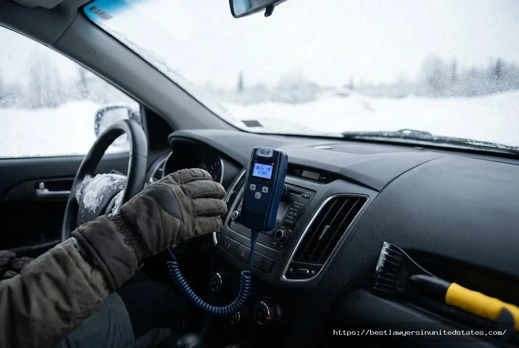 Ignition interlock device installed in Alaska vehicle dashboard showing breathalyzer unit and blow-to-start screen