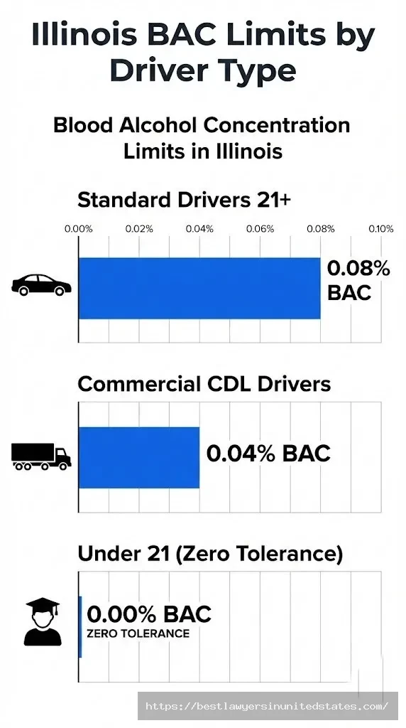 Illinois BAC limit chart showing 0.08% standard, 0.04% CDL, 0.00% under 21 drivers
