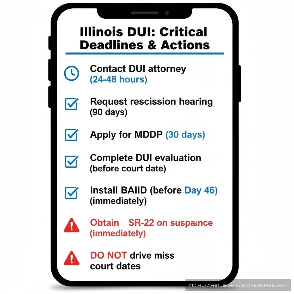 Illinois DUI checklist showing critical deadlines including 90-day rescission hearing and 30-day MDDP application