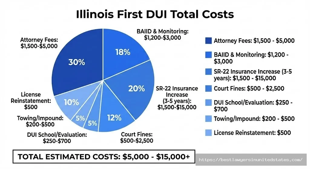 Illinois DUI cost breakdown pie chart showing attorney fees, BAIID, insurance, fines totaling $5,000-$15,000