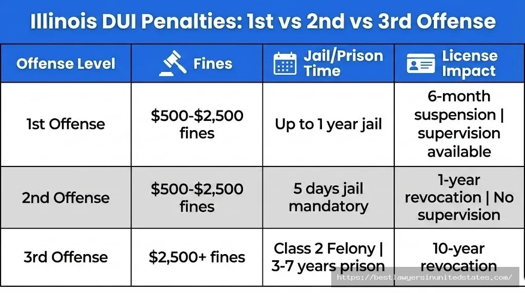 Illinois DUI penalty comparison chart showing fines, jail time, and license suspension for first, second, and third offenses