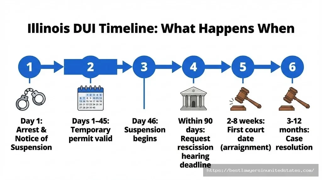 Illinois DUI process timeline from arrest through case resolution showing key deadlines and court dates