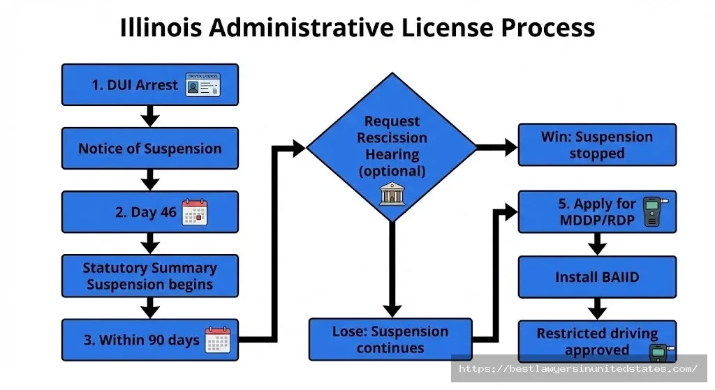 Illinois Secretary of State administrative license suspension process flowchart showing rescission hearing and MDDP options