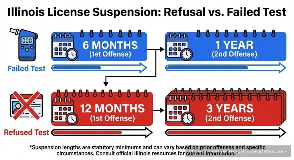 Illinois license suspension timeline comparing 6-month suspension for failed test versus 12-month for refusal
