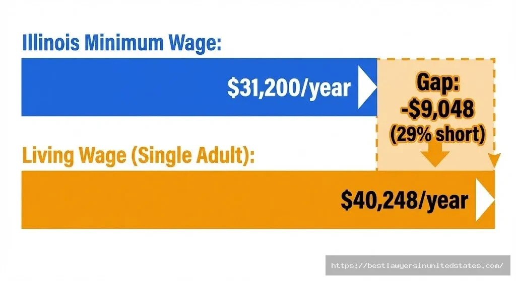 Illinois living wage gap showing minimum wage $9,048 below living wage for single adults