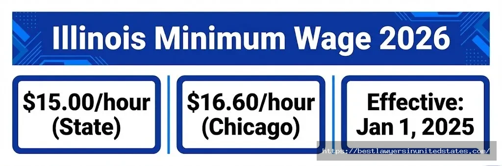 Illinois minimum wage 2026 rates showing $15 state rate and $16.60 Chicago rate