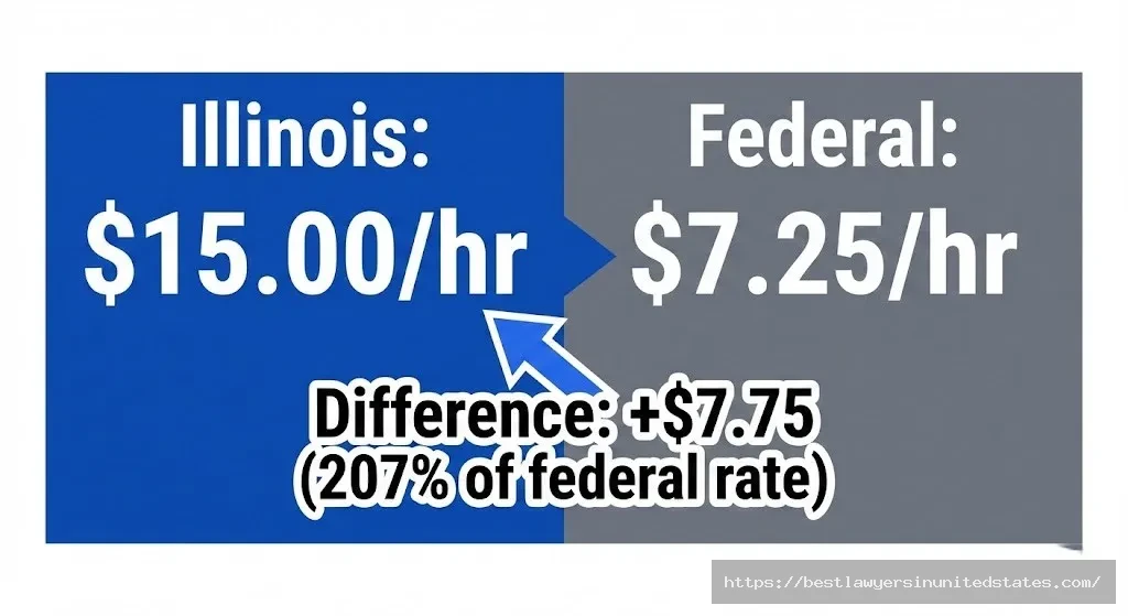 Illinois minimum wage comparison chart showing $15 state rate versus $7.25 federal rate