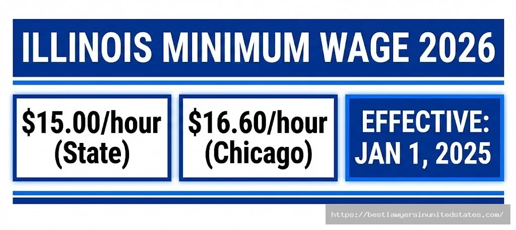 Illinois minimum wage history chart showing increases from $8.25 in 2019 to $15 in 2025