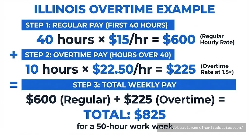 Illinois overtime pay calculation example showing $825 total for 50-hour work week at $15 per hour