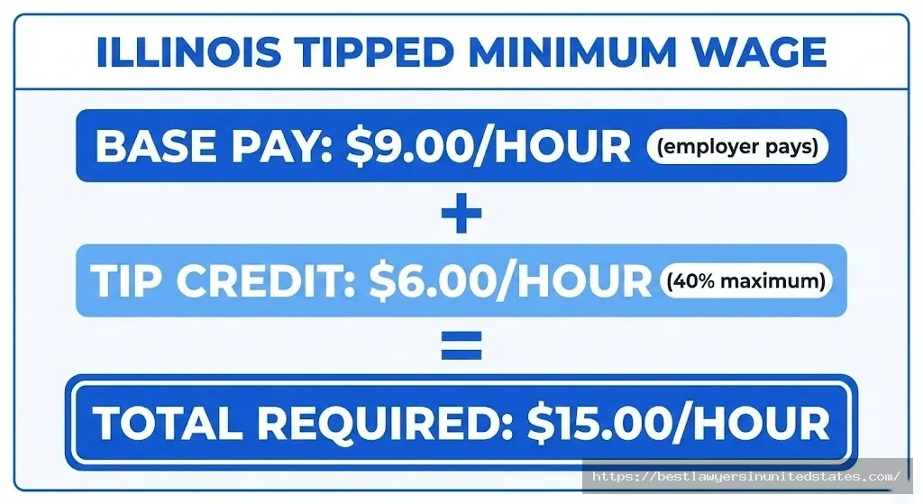 Illinois tipped minimum wage breakdown showing $9 base pay plus $6 tip credit equals $15 total