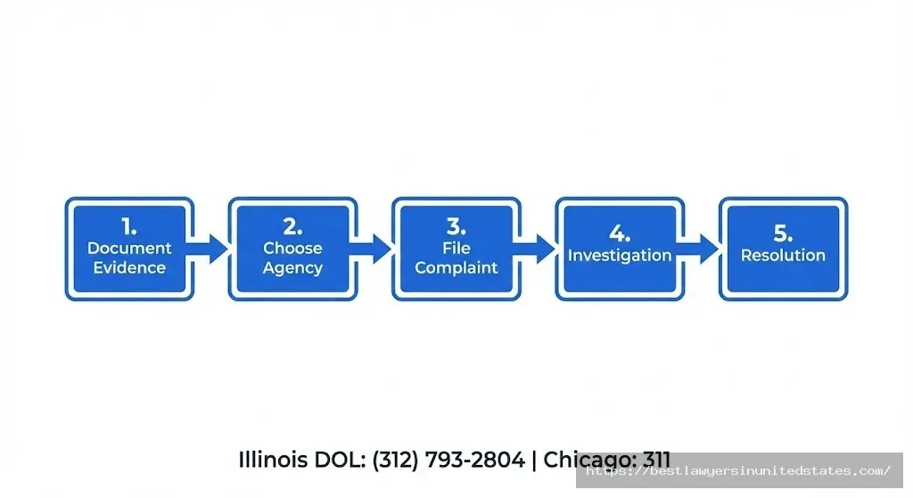 Illinois wage complaint filing process showing five steps from documentation to resolution
