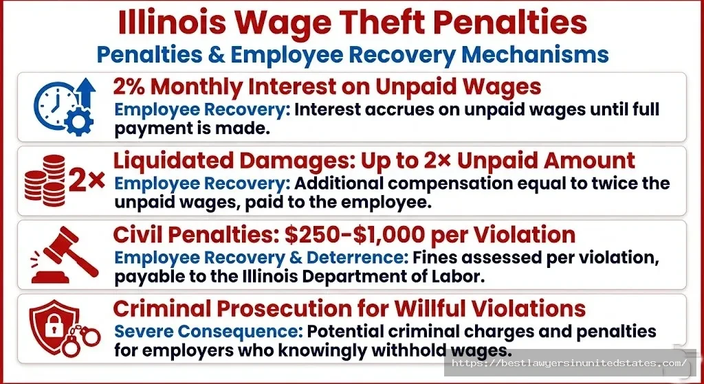 Illinois wage theft penalties showing 2% monthly interest and up to double damages for violations